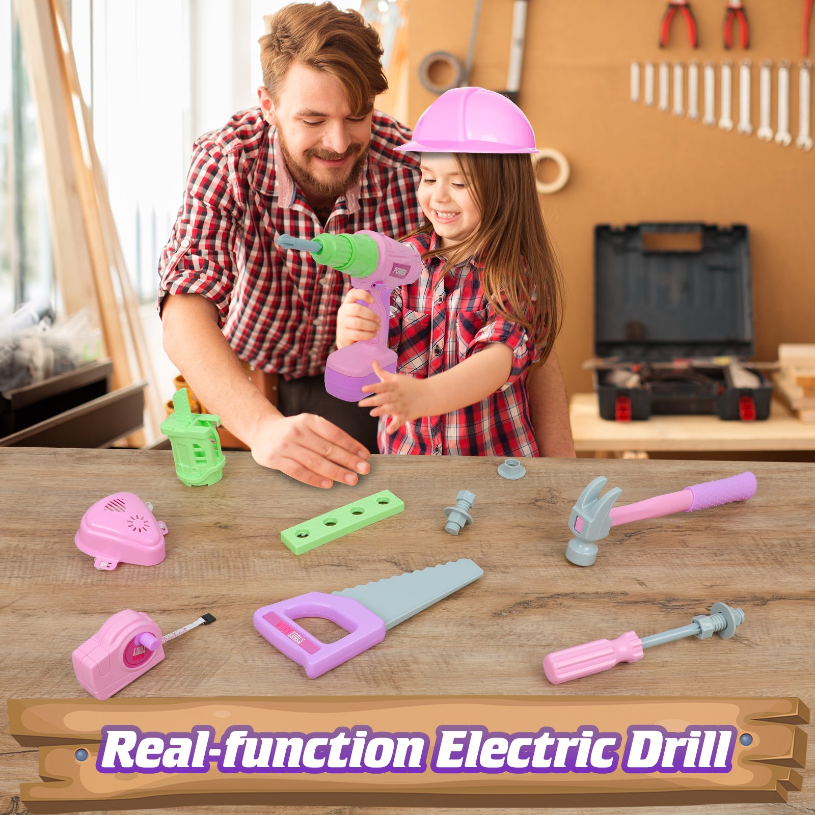 Exercise N Play Pink Chainsaw Tools Toddler Toys Set - 11 Pcs