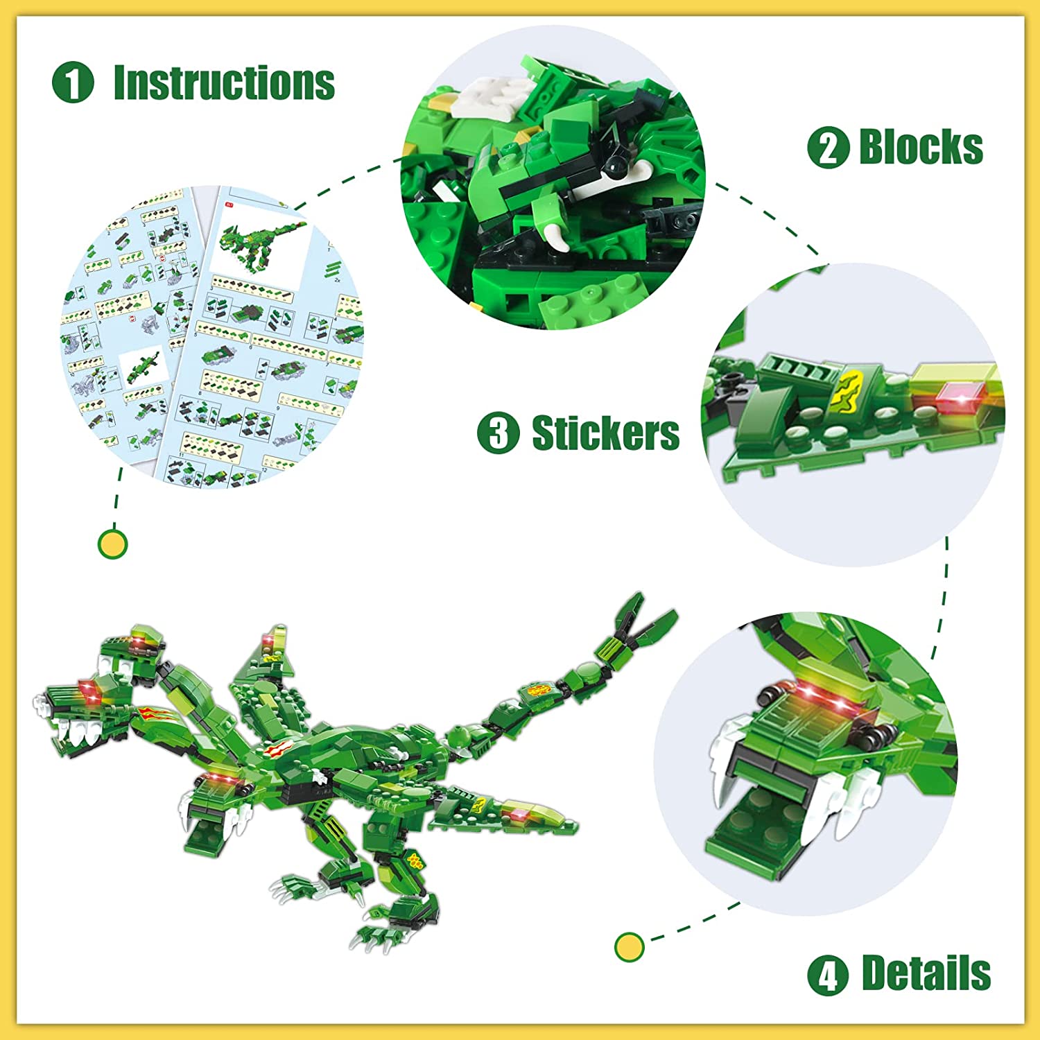 Exercise N Play Green Dinosaur Block Building Sets - 876 Pcs