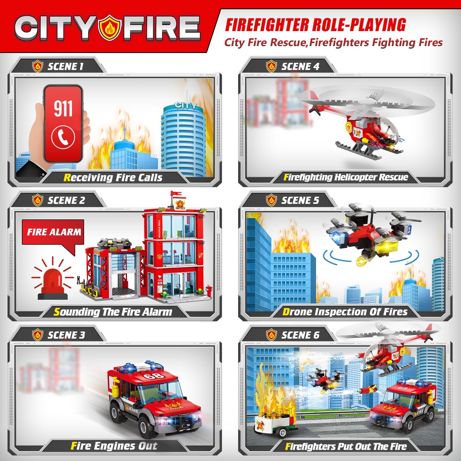 Exercise N Play Fire Station Kids Small Building Blocks Toys Set - 744 Pcs