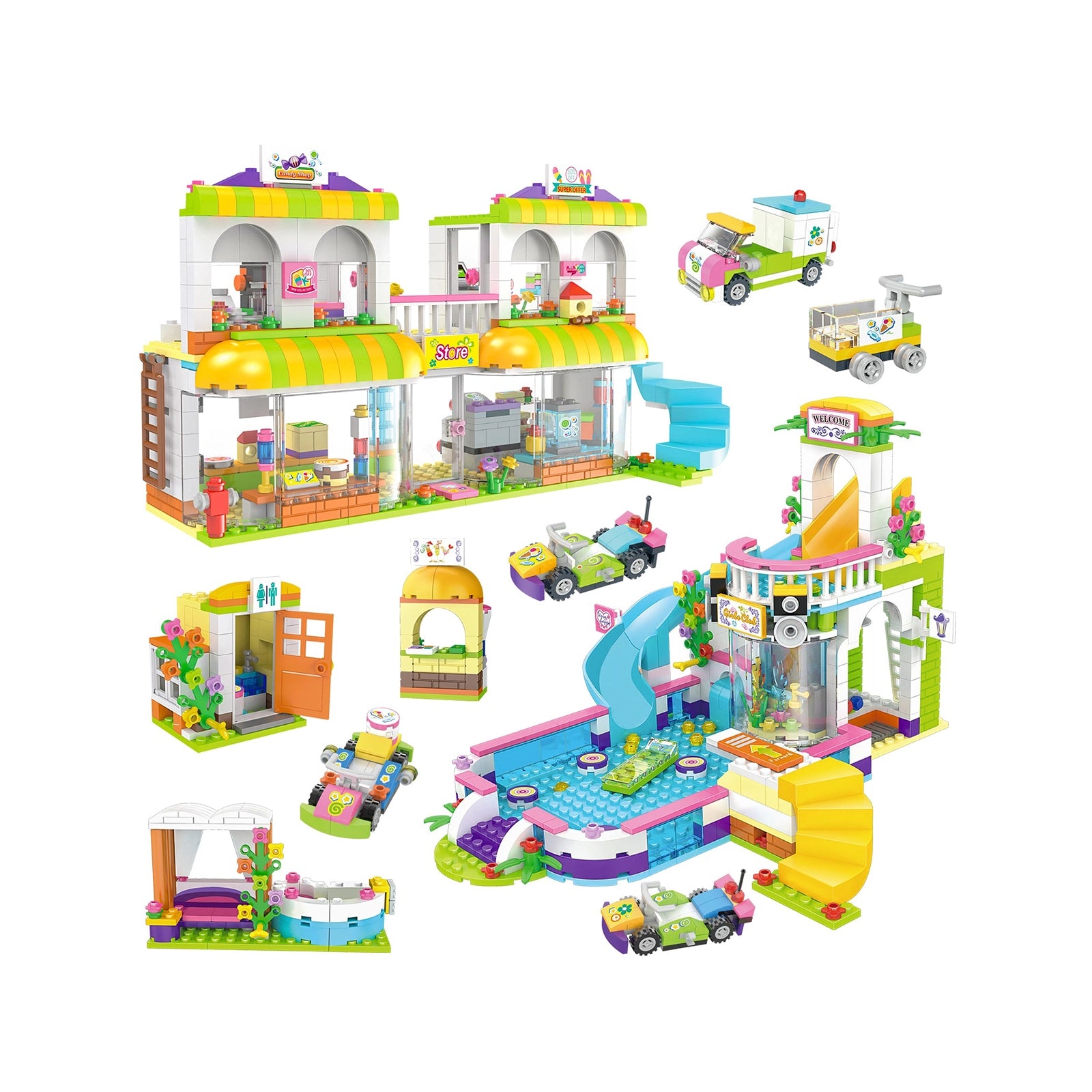 Exercise N Play Grocery Store & Water Park 2 IN 1 Kids Construction Toys - 1375 Pcs