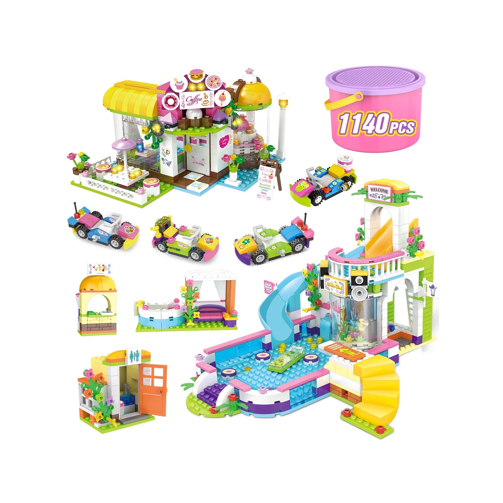 Exercise N Play Coffee Shop & Water Park 2 IN 1 Blocks Bricks - 1140 Pcs