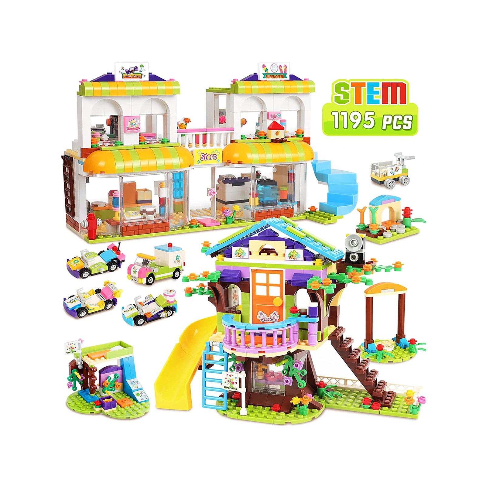 Exercise N Play Treehouse & Grocery Store 2 IN 1 Toy Blocks Construction Set - 1195 Pcs