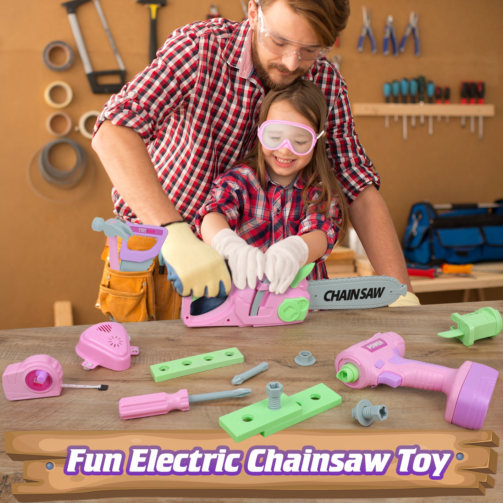 Exercise N Play Pink Chainsaw Tools Toddler Toys Set - 11 Pcs