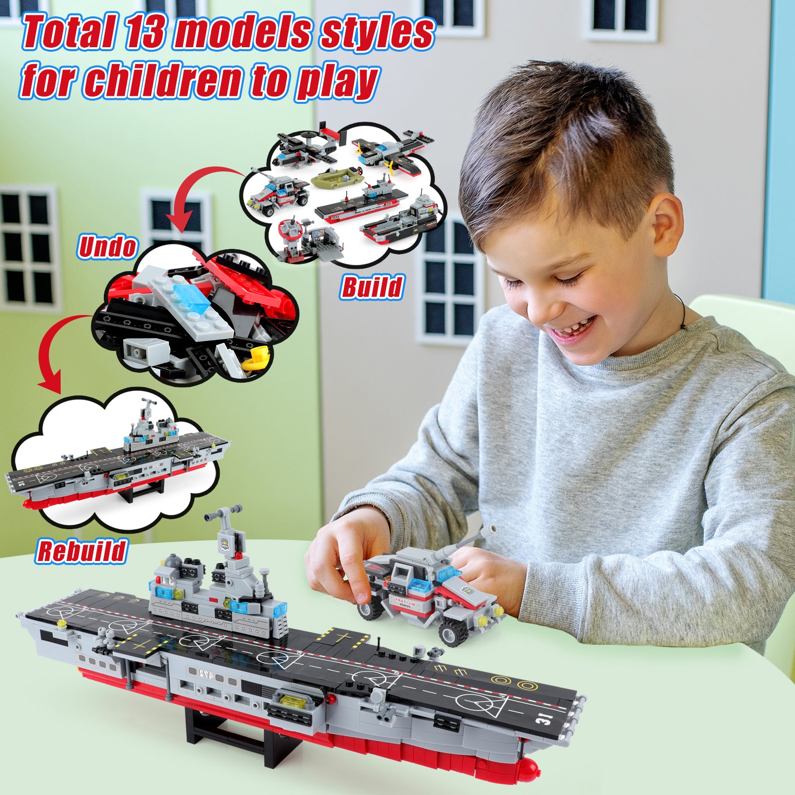 Exercise N Play Navy Military Small Aircraft Carrier Toddler Blocks Sets - 1161 Pcs