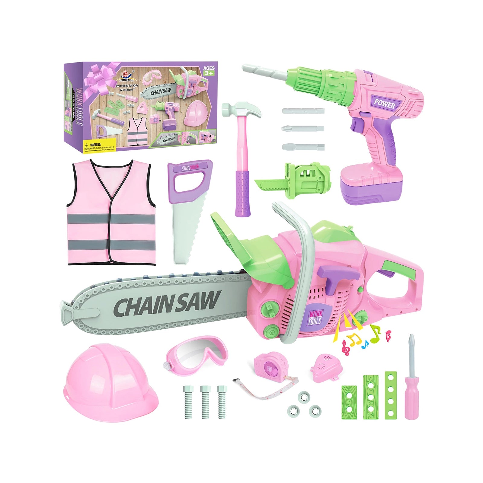 Exercise N Play Pink Chainsaw Tools Toddler Toys Set - 11 Pcs