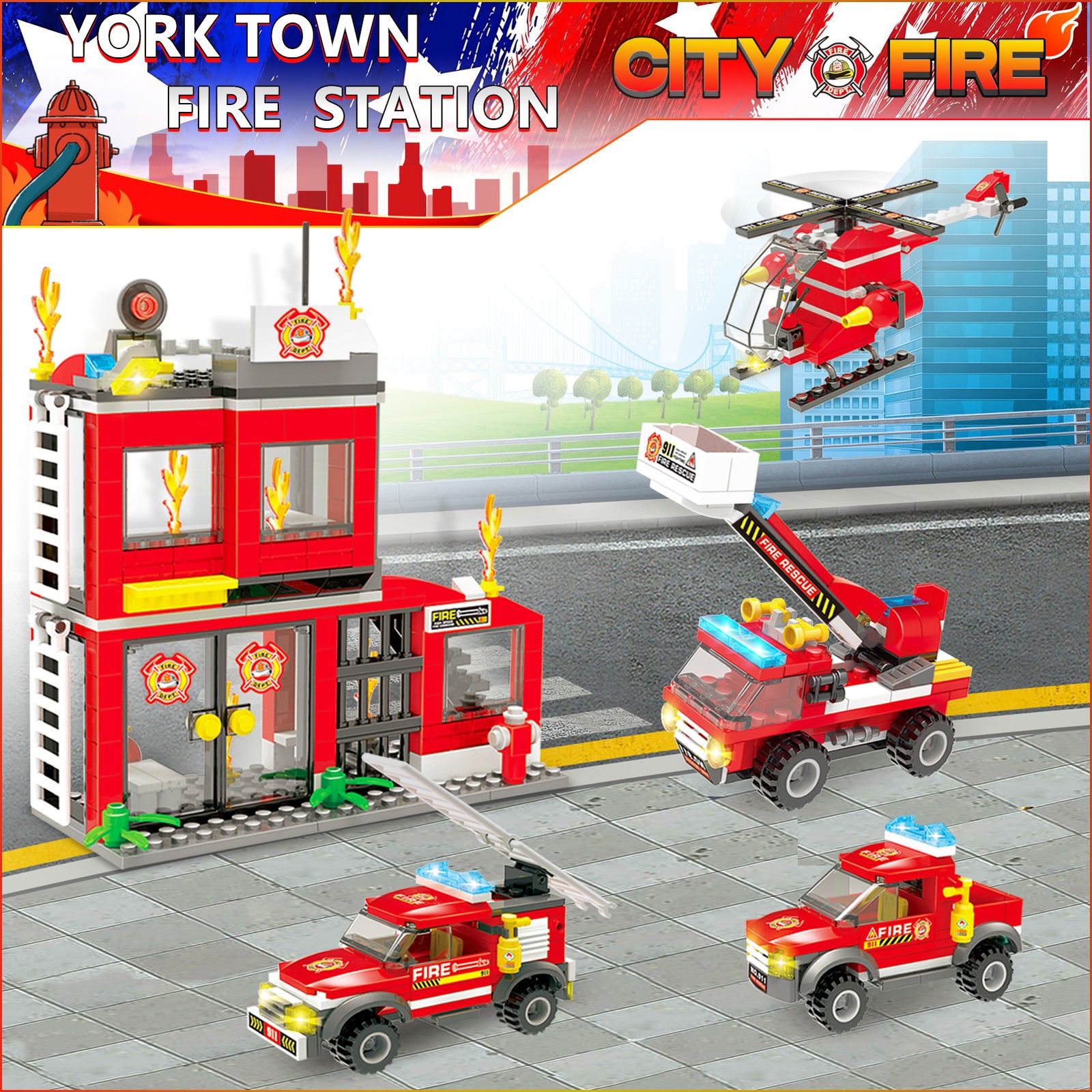 Exercise N Play Fire Station Building Bricks Toys Playset - 899 Pcs