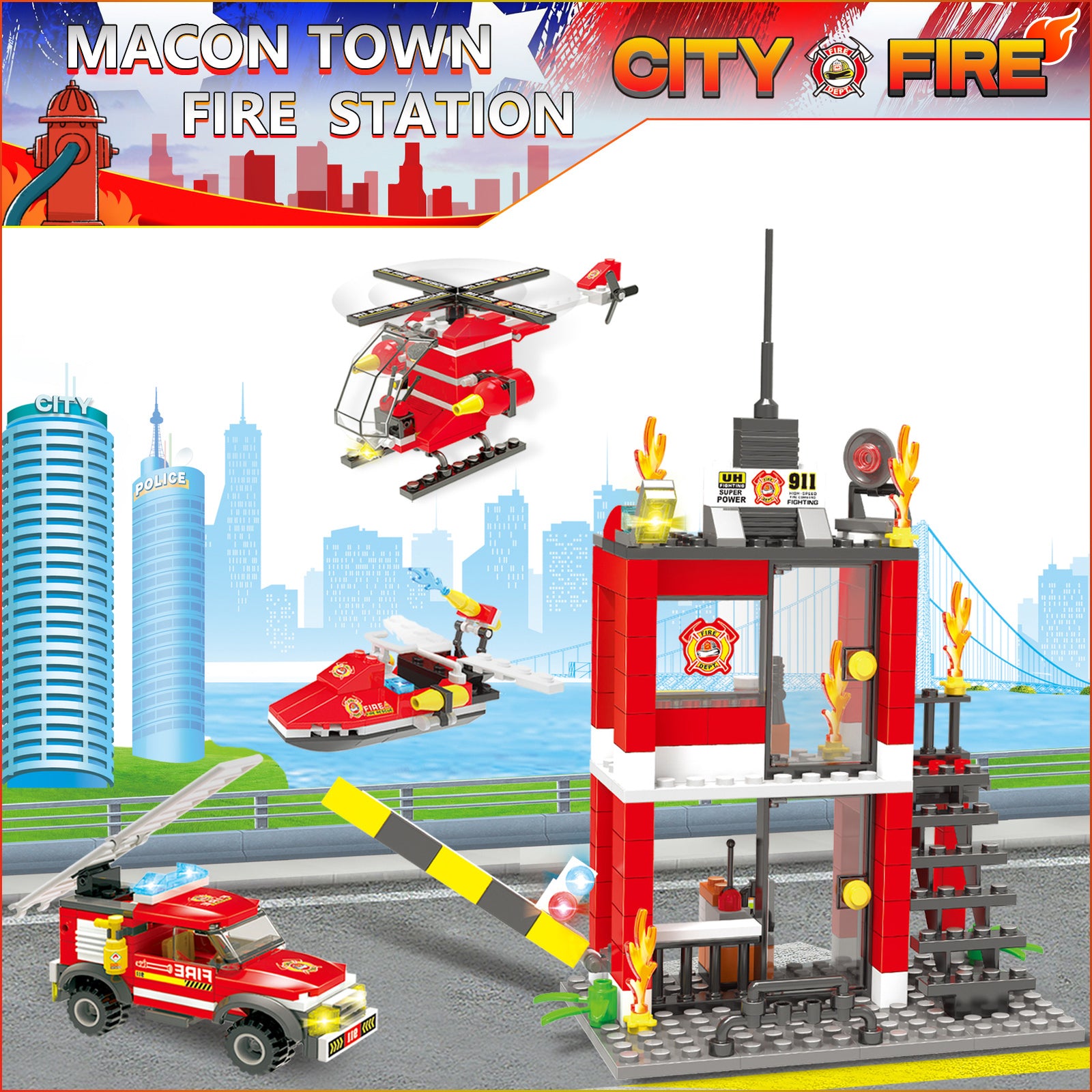 Exercise N Play Fire Station Building Bricks Toys Playset - 899 Pcs